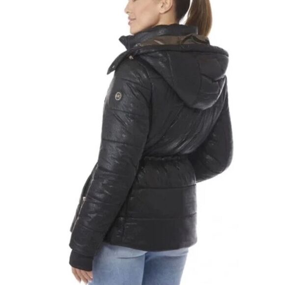 Michael kors shiny logo winter puffer jacket coat black gold plus2xl xxl hooded - Picture 2 of 13